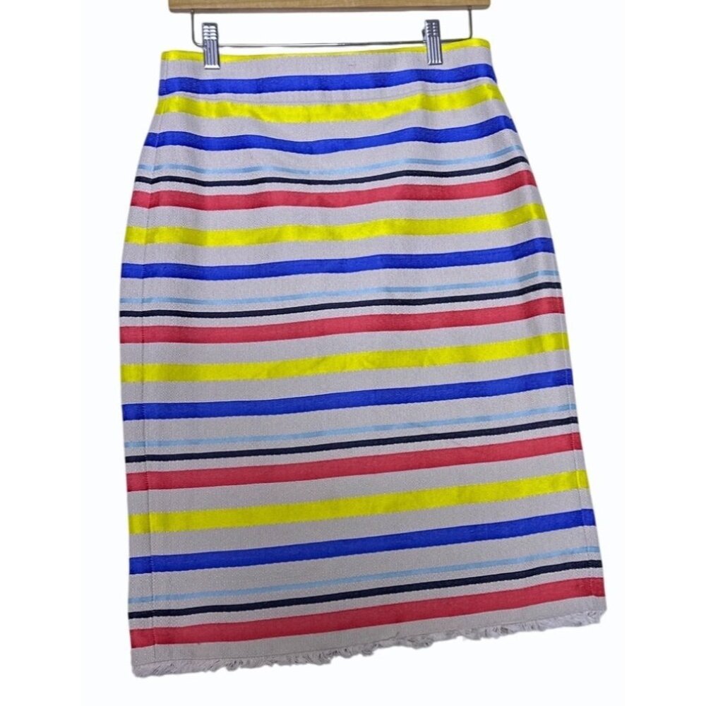 J‎ Crew Striped Cotton Pencil Skirt With Fringe Hem Size 4 Preppy Primary Colors
